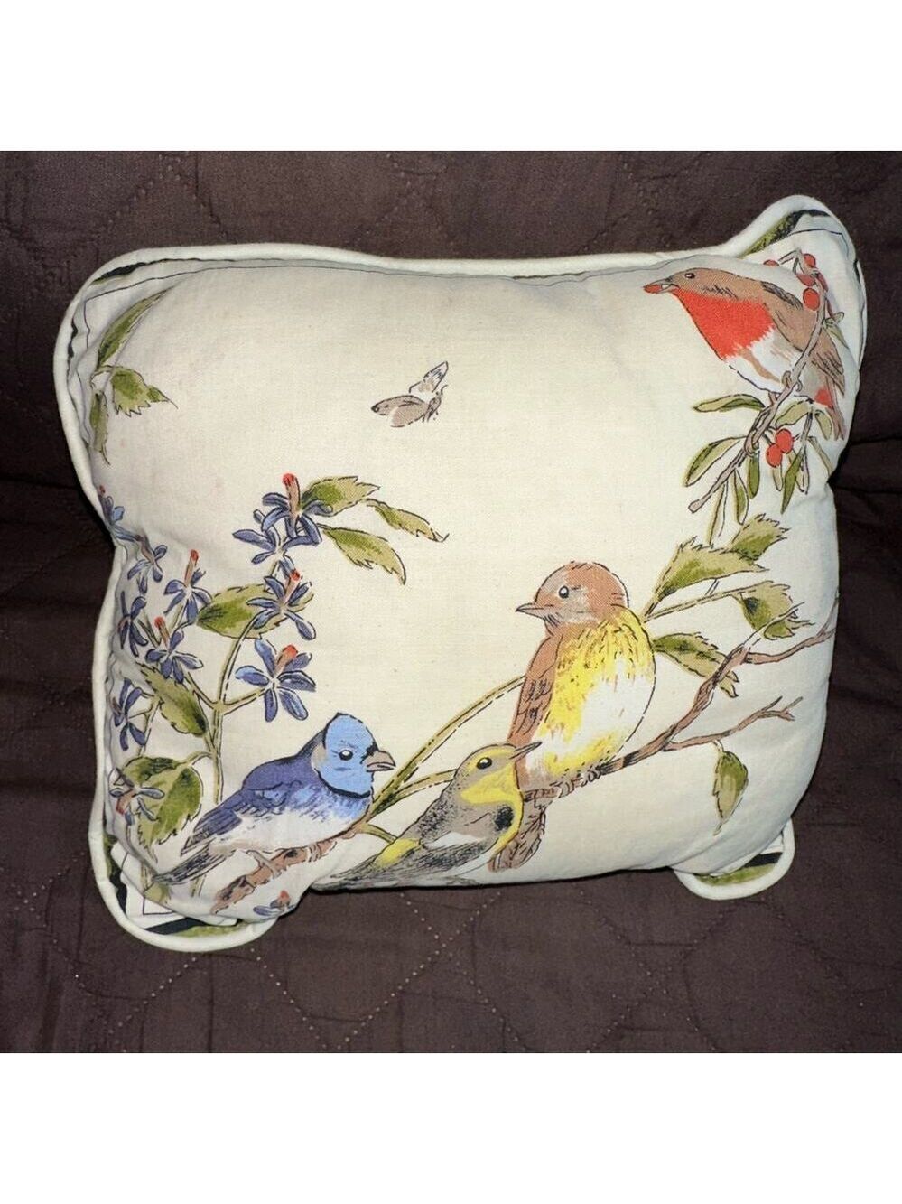 Vintage Fabric Perched 4 Birds Nature Pillow 10.5" x 9 Single Stitch